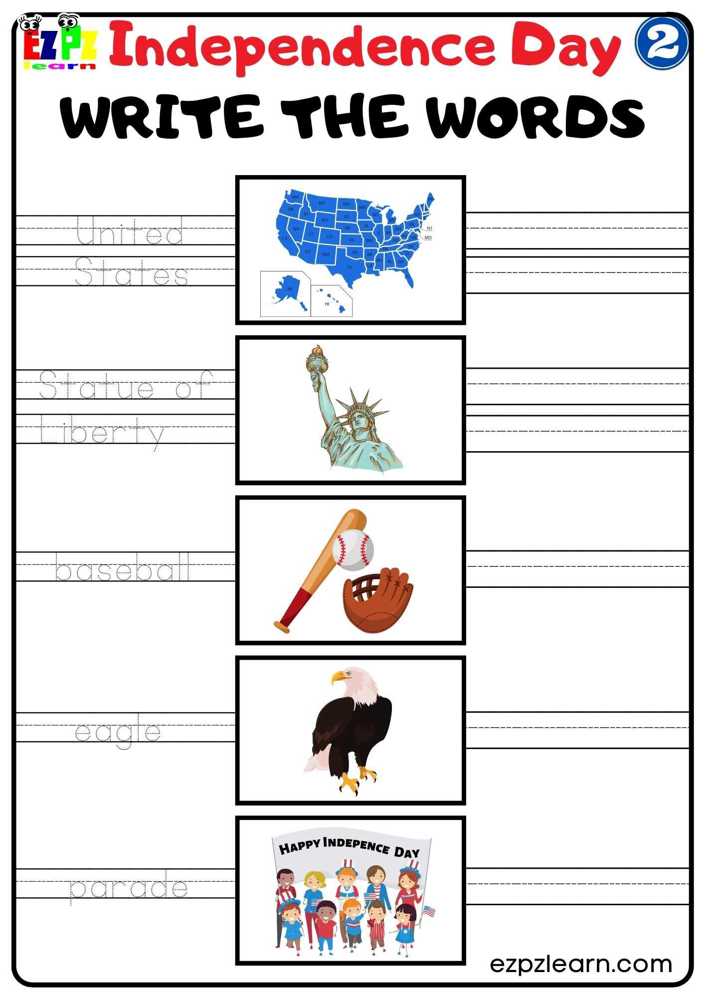 Write the Words Worksheet for Independence Day Group 2